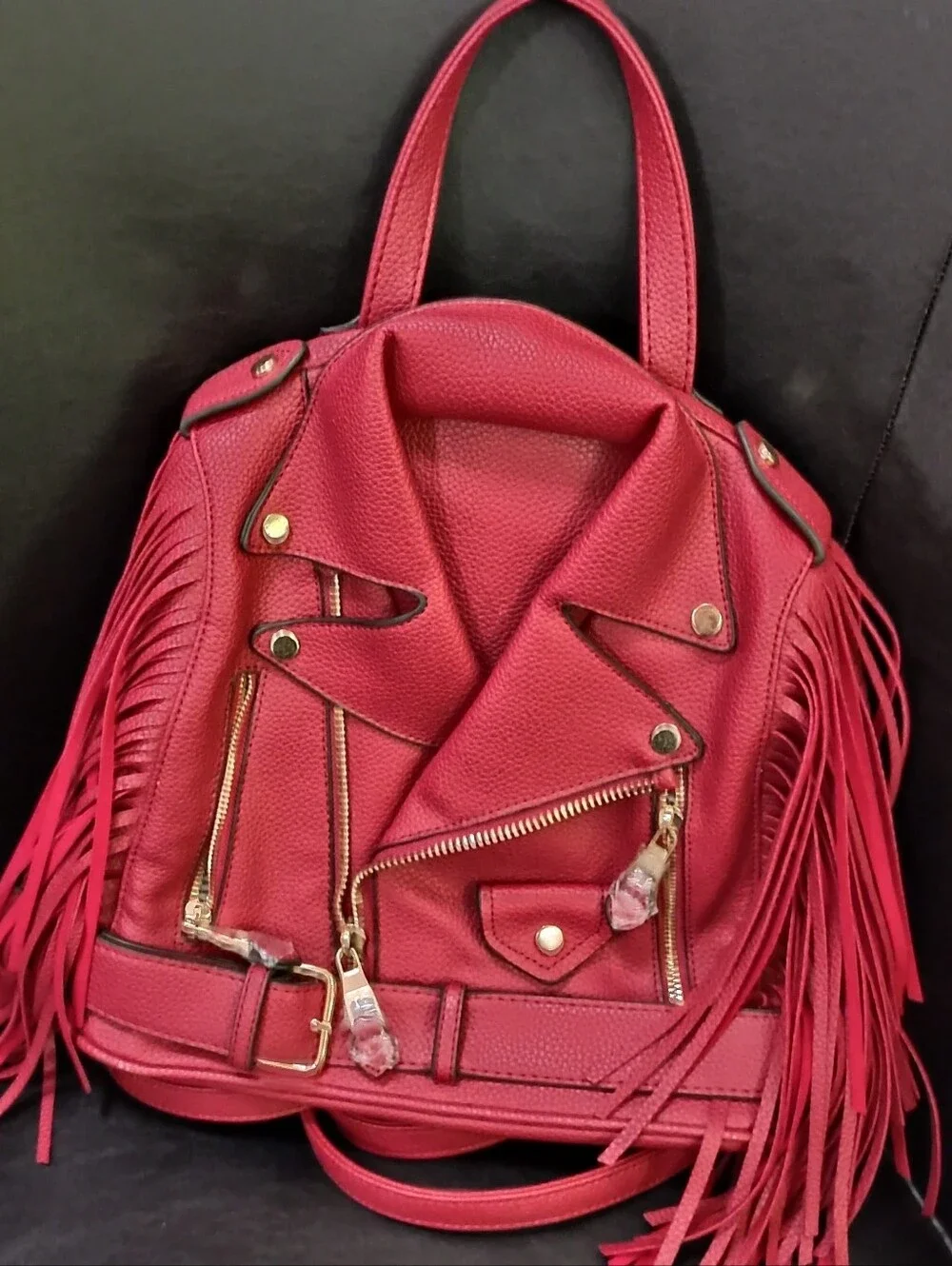 Fringed Faux Leather Moto Tote Bag in Red